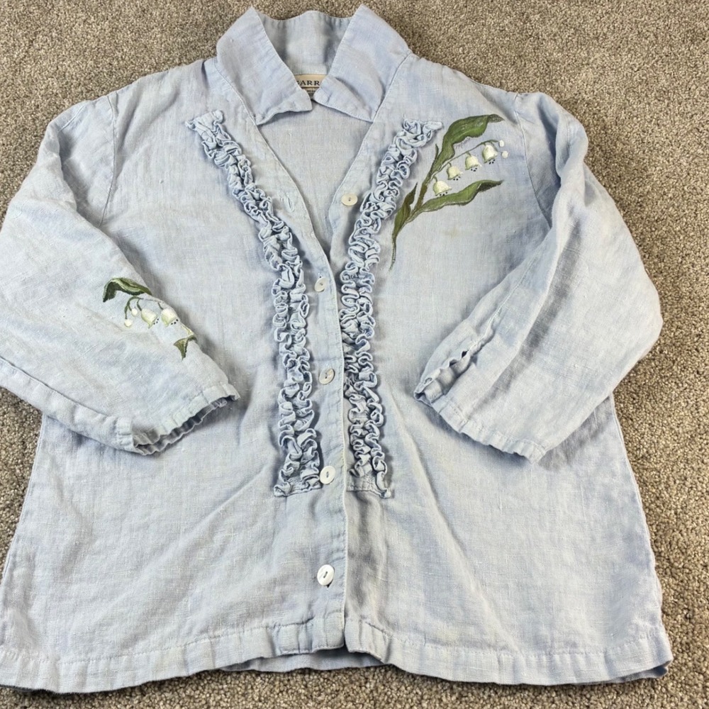 VTG Garron Blue Linen Embroidered‎ Lily of the Valley Ruffle Blouse Top - Medium
